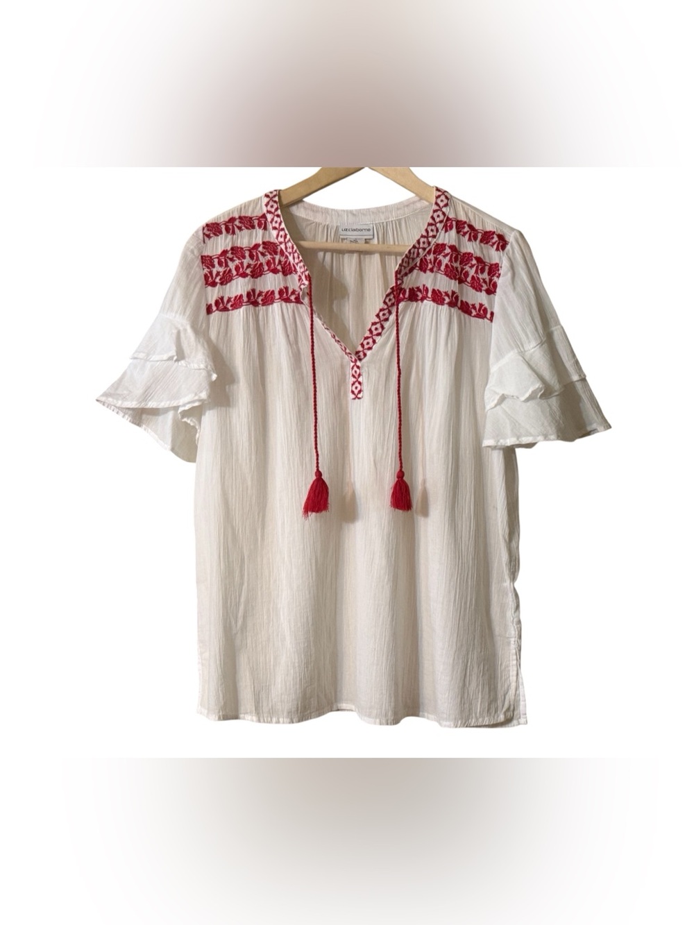 Liz Claiborne white gauze loose fit blouse with red embroidery